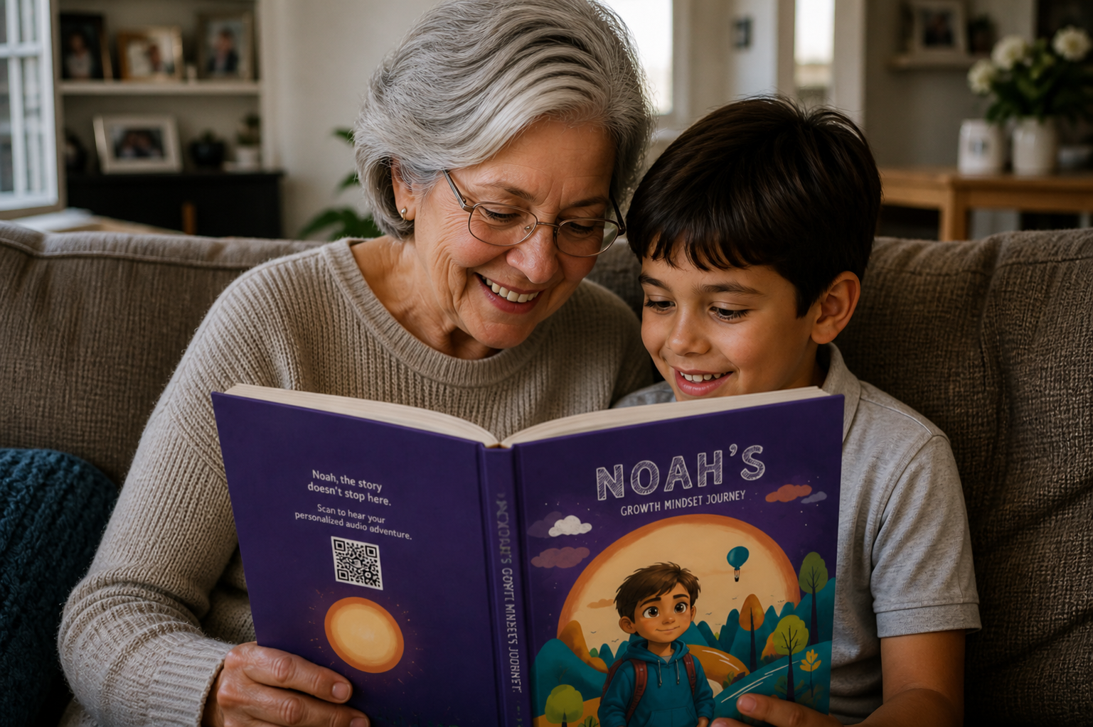 Grandma reading with Noah using their personalised storybook