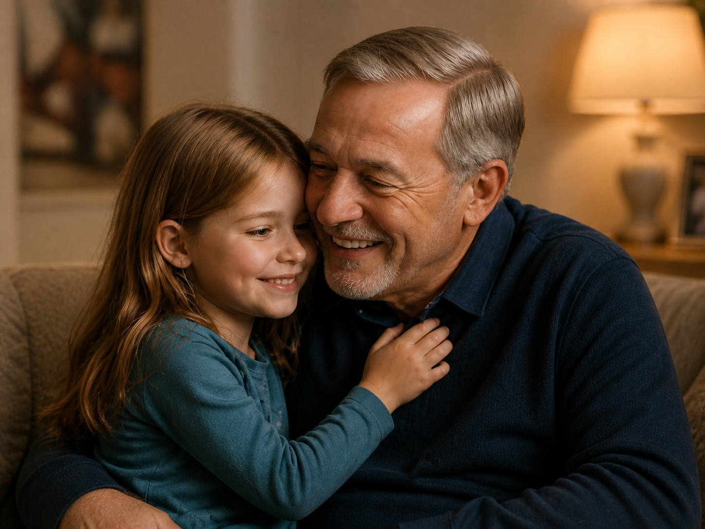 Grandfather hugging his grandchild over the personalised storybook