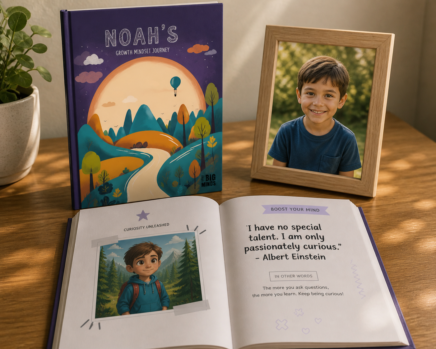 Noah's personalised storybook cluster — book cover, photo of Noah, and a story spread