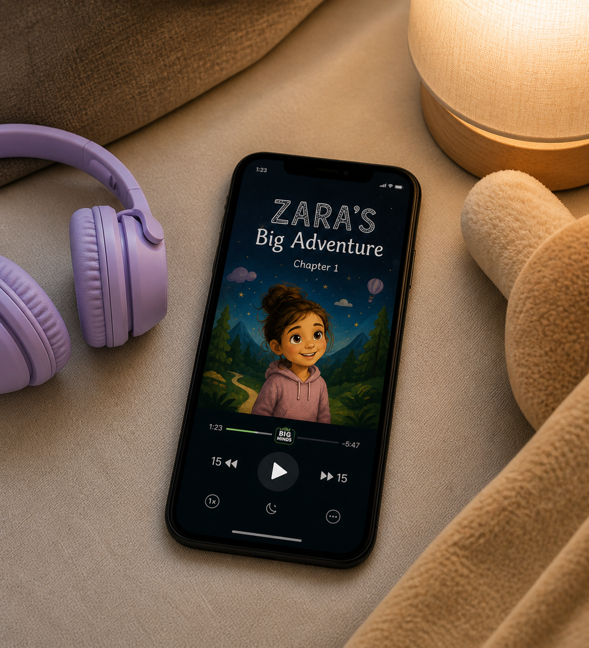 Zara's audio story playing — AirPods and phone showing the chapter